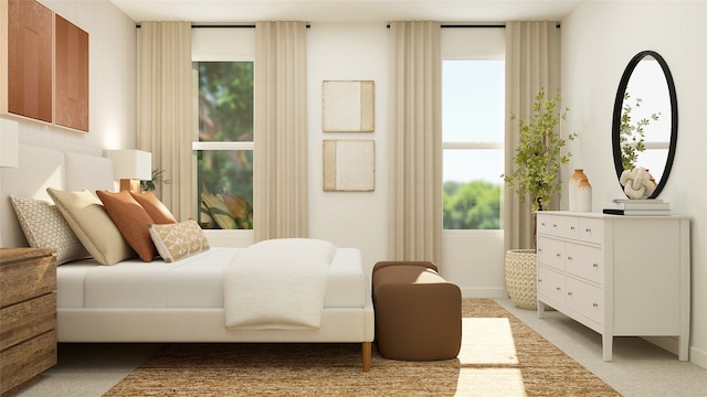 bedroom featuring light colored carpet