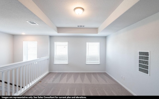 carpeted empty room with a textured ceiling and a raised ceiling