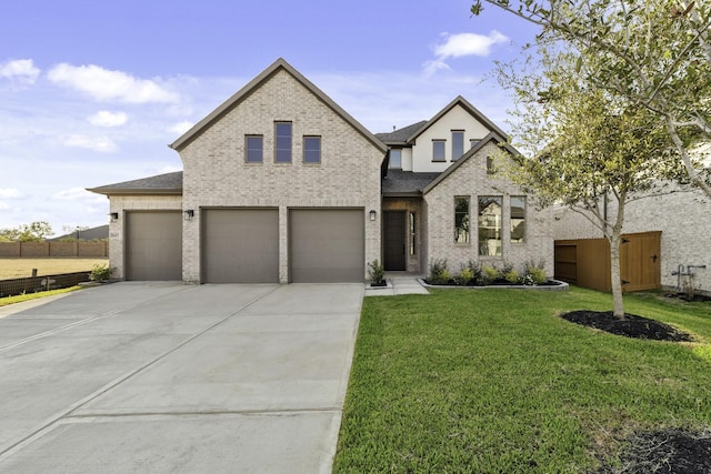 view of front of home featuring fence, concrete driveway, a front yard, a shingled roof, and brick siding