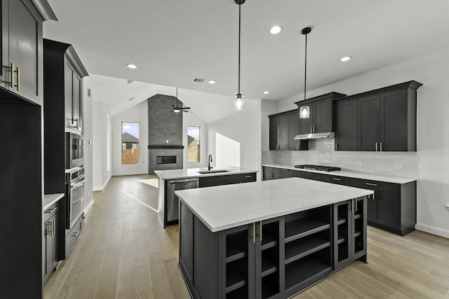 kitchen featuring appliances with stainless steel finishes, a center island, under cabinet range hood, open shelves, and a sink