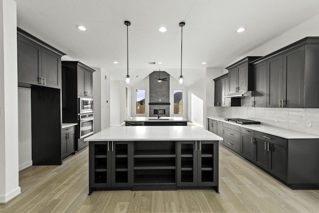 kitchen with a fireplace, light wood finished floors, tasteful backsplash, appliances with stainless steel finishes, and a sink