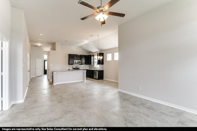 2452 Whishper Forest Dr, Katy, TX 77493 - unfurnished living room with ceiling fan, baseboards, a sink, recessed lighting, and high vaulted ceiling