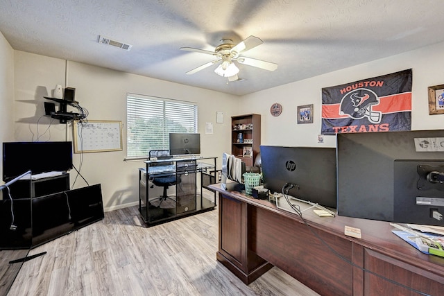 office area with ceiling fan, a textured ceiling, and light hardwood / wood-style flooring