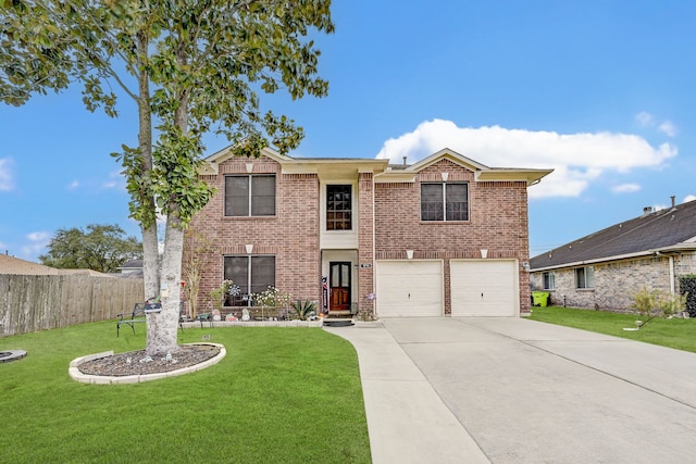 1711 Village Court Ln, Rosenberg, TX 77471 - traditional-style home with fence, driveway, brick siding, a front yard, and a garage