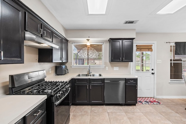 1711 Village Court Ln, Rosenberg, TX 77471 - kitchen featuring a sink, visible vents, black range with gas stovetop, dishwasher, and under cabinet range hood