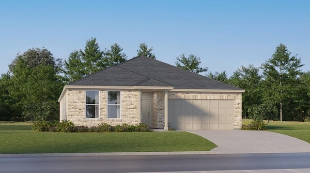 single story home featuring a garage and a front yard