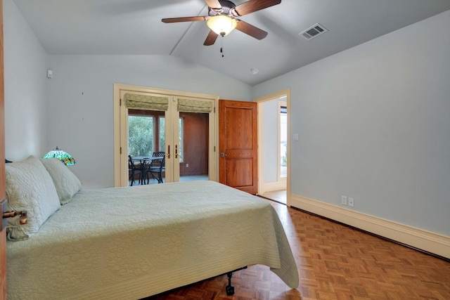 bedroom with ceiling fan, lofted ceiling, access to exterior, french doors, and parquet floors