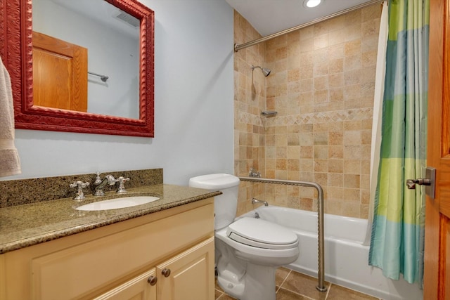 full bathroom with toilet, tile patterned floors, vanity, and shower / tub combo with curtain