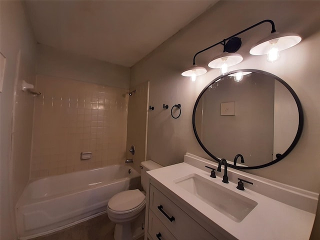 full bathroom with toilet, tiled shower / bath combo, and vanity