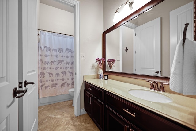 full bathroom with toilet, tile patterned flooring, shower / bath combo, and vanity