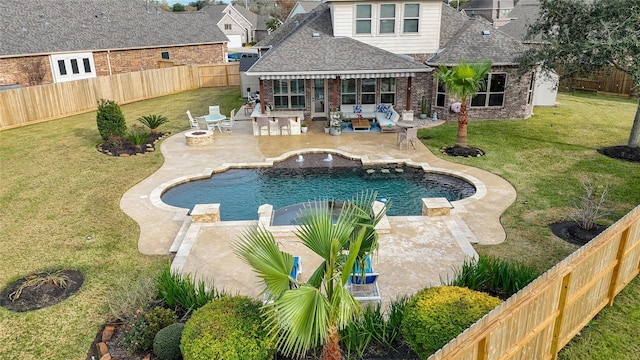 view of swimming pool featuring a lawn, an outdoor living space, and a patio