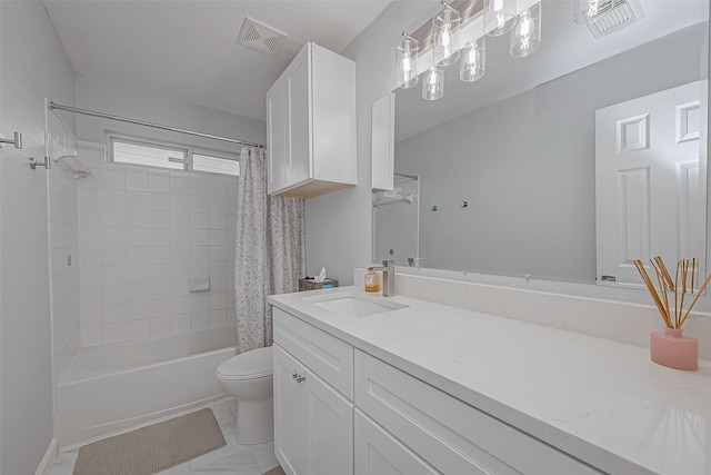 full bathroom with tile patterned flooring, vanity, shower / tub combo with curtain, and toilet