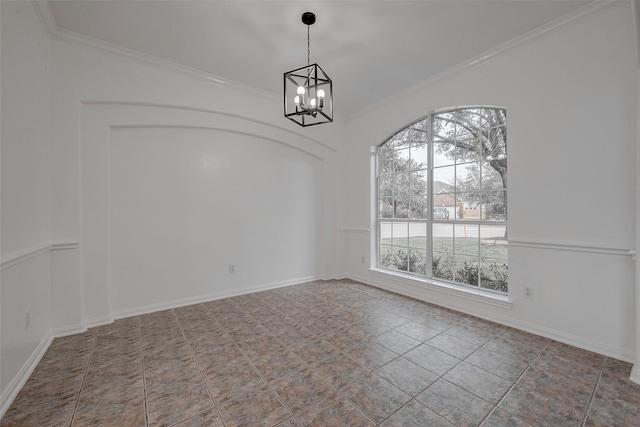 unfurnished dining area with tile patterned flooring, ornamental molding, and an inviting chandelier