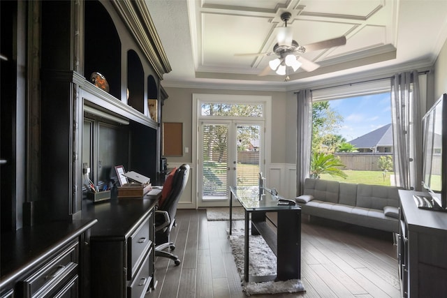 office space featuring dark wood-type flooring, ornamental molding, french doors, and ceiling fan