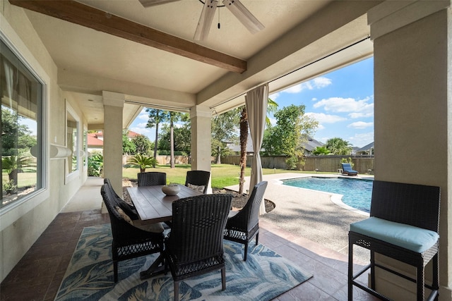 view of patio with a fenced in pool and ceiling fan