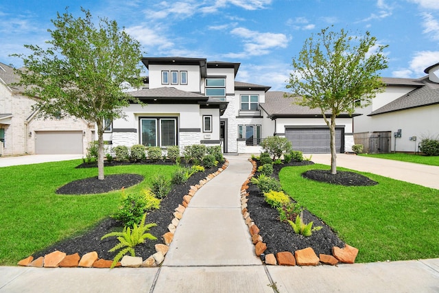 prairie-style house with a front yard and a garage