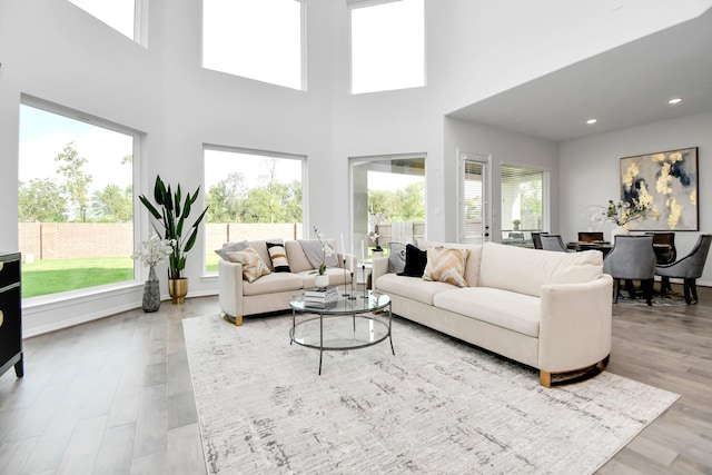 living room with light hardwood / wood-style floors and a towering ceiling