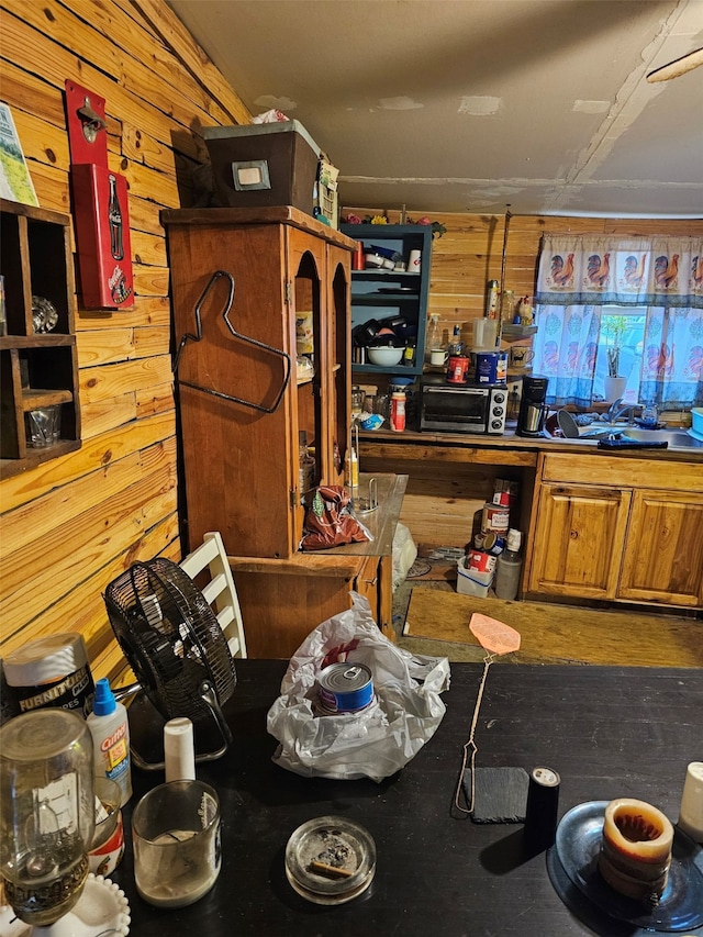 kitchen featuring sink and wood walls