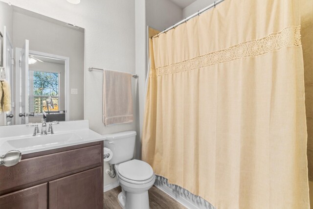 bathroom featuring vanity, wood-type flooring, toilet, and a shower with shower curtain