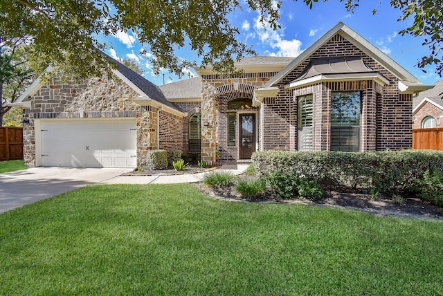 view of front facade featuring fence, driveway, a front lawn, and a garage