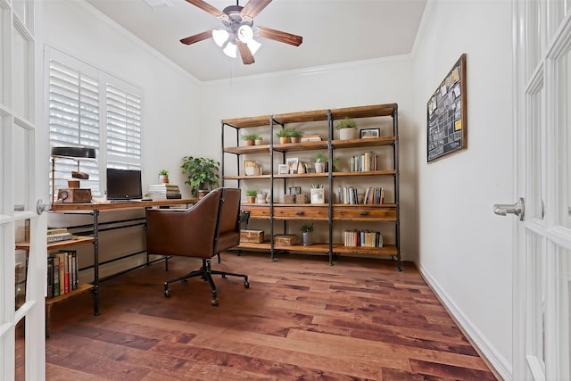 office area featuring crown molding, ceiling fan, and dark hardwood / wood-style flooring