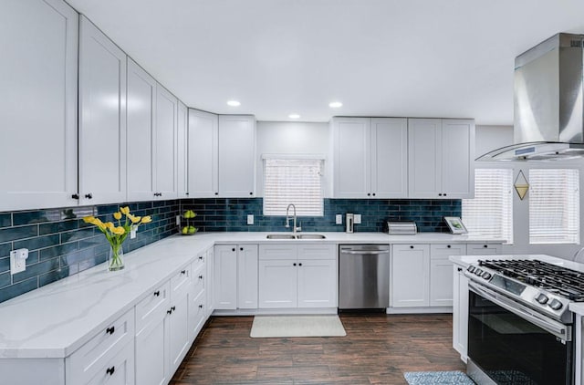 8614 Linkpass Ln, Houston, TX 77025 - kitchen featuring stainless steel appliances, wall chimney exhaust hood, a sink, dark wood finished floors, and backsplash