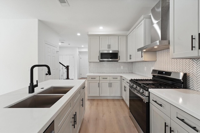 kitchen featuring appliances with stainless steel finishes, decorative backsplash, wall chimney range hood, white cabinets, and sink