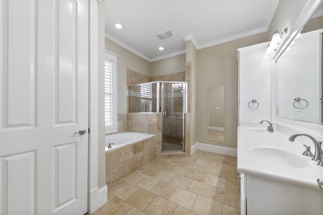 bathroom with ornamental molding, shower with separate bathtub, and vanity