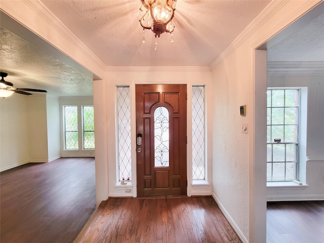 foyer featuring dark wood-type flooring, ornamental molding, and a healthy amount of sunlight