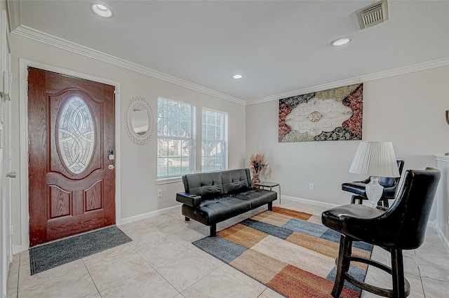 tiled entrance foyer with ornamental molding