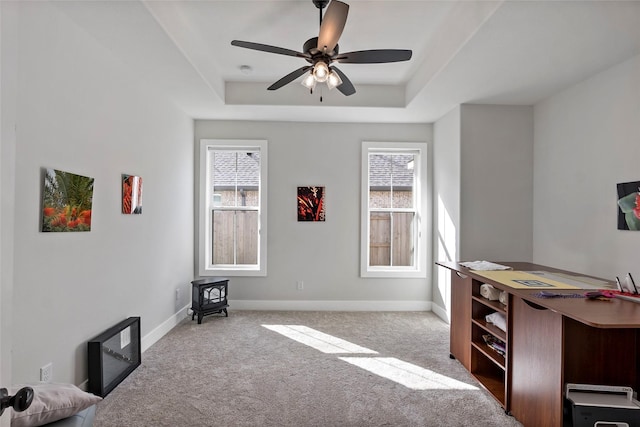 interior space with ceiling fan, a healthy amount of sunlight, a wood stove, and a tray ceiling