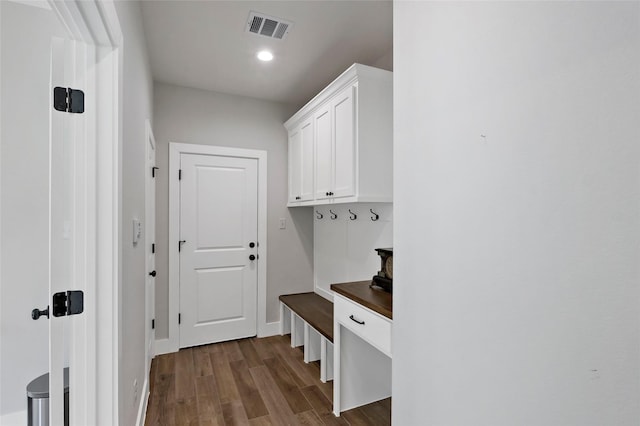 mudroom featuring dark wood-type flooring