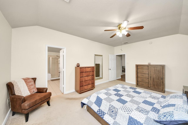 bedroom with visible vents, baseboards, a ceiling fan, light colored carpet, and lofted ceiling