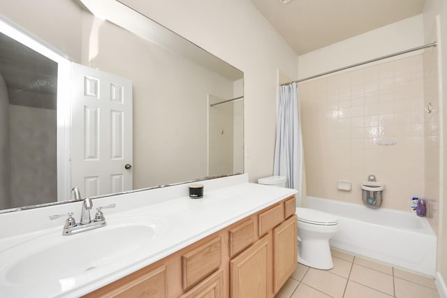 bathroom featuring vanity, tile patterned flooring, toilet, and shower / tub combo with curtain