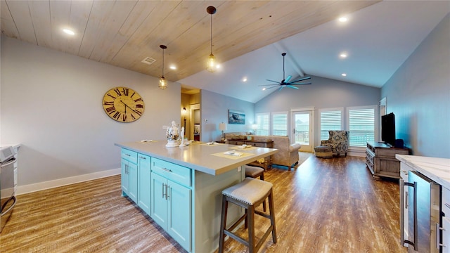 kitchen featuring decorative light fixtures, a kitchen island with sink, wood ceiling, and hardwood / wood-style floors