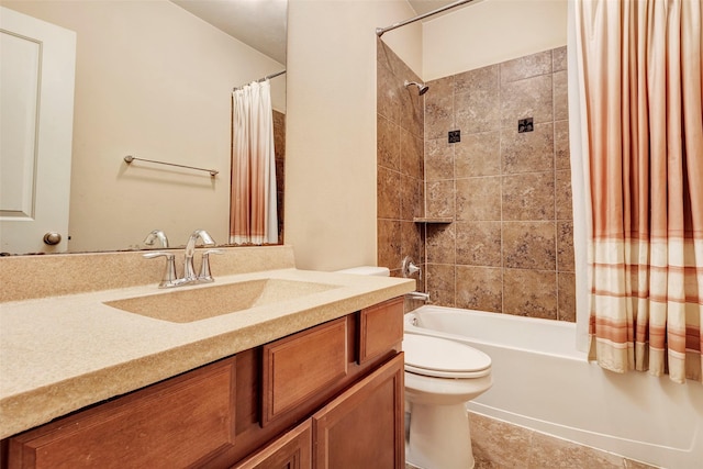 full bathroom with toilet, vanity, and shower / tub combo with curtain