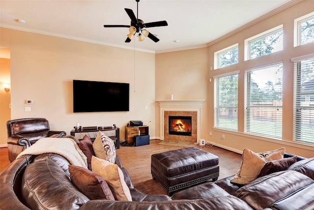 living room featuring ceiling fan and crown molding