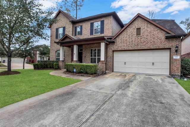 craftsman inspired home featuring a front yard and a garage