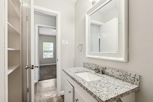 bathroom with vanity, baseboards, and wood finished floors