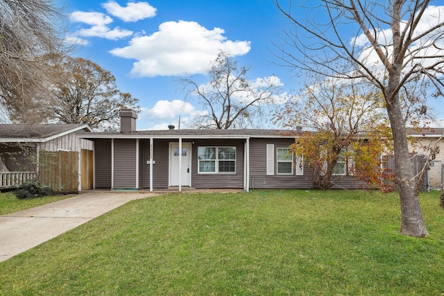 single story home with concrete driveway, a front lawn, a chimney, and fence