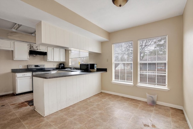 kitchen with light tile patterned floors, white cabinetry, kitchen peninsula, electric range, and sink