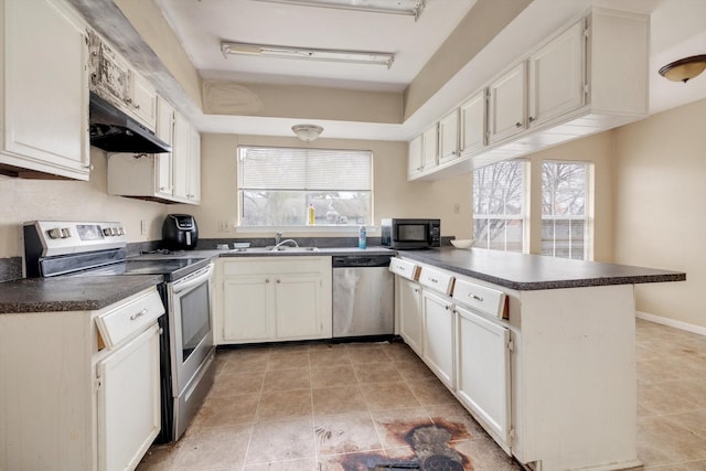 kitchen featuring white cabinetry, kitchen peninsula, appliances with stainless steel finishes, light tile patterned flooring, and sink