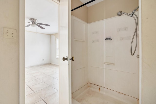 bathroom featuring ceiling fan, tile patterned floors, and walk in shower