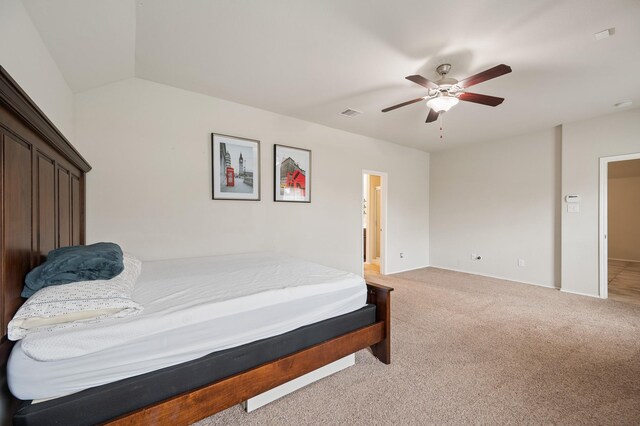 bedroom with ceiling fan and light colored carpet