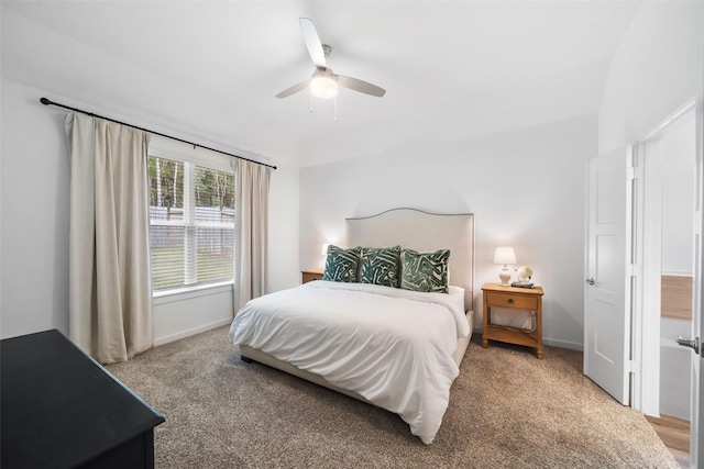 bedroom with ceiling fan and carpet