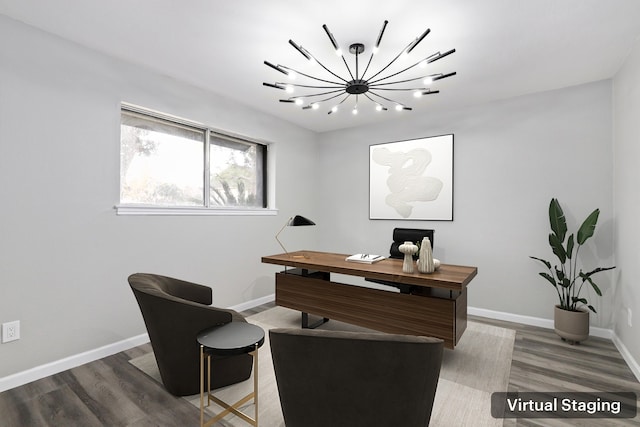 office with an inviting chandelier and dark wood-type flooring