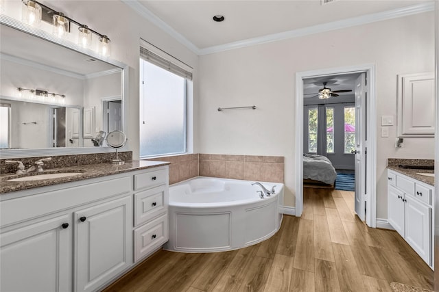 bathroom featuring wood-type flooring, a bathing tub, vanity, and ornamental molding