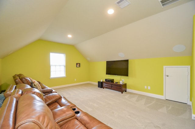 living room featuring vaulted ceiling and light carpet