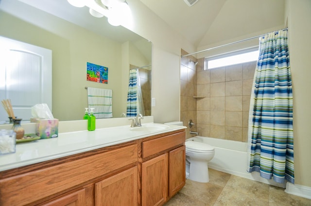 bathroom with shower / bath combo, vanity, vaulted ceiling, and toilet