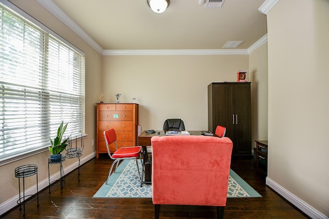 office space with ornamental molding, baseboards, and dark wood-style flooring